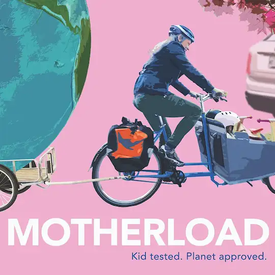 Sharepic: Eine Person bewegt auf einem Lastenrad vorne zwei Kinder und hinten im Anhänger eine große Erdkugel. Der Hintergrund ist rosa. Unten der Titel "MOTHERLOAD" mit dem Untertitel "Kid tested. Planet approved."