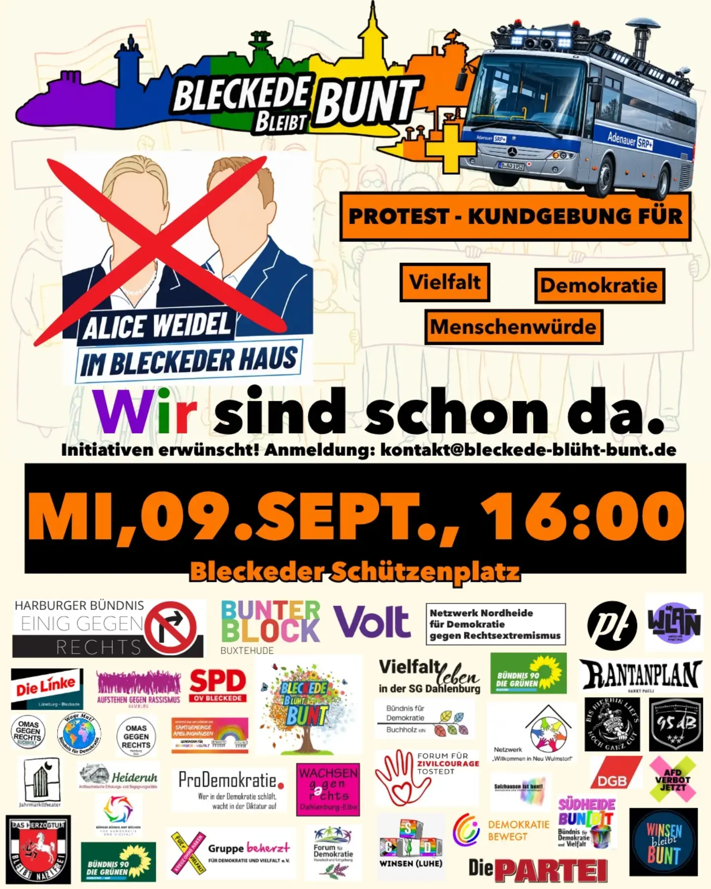 Grafik: Bleckede.blueht.bunt., Sharepic, Kundgebung am 9. September 2026, 16 Uhr Bleckeder Schützenplatz.