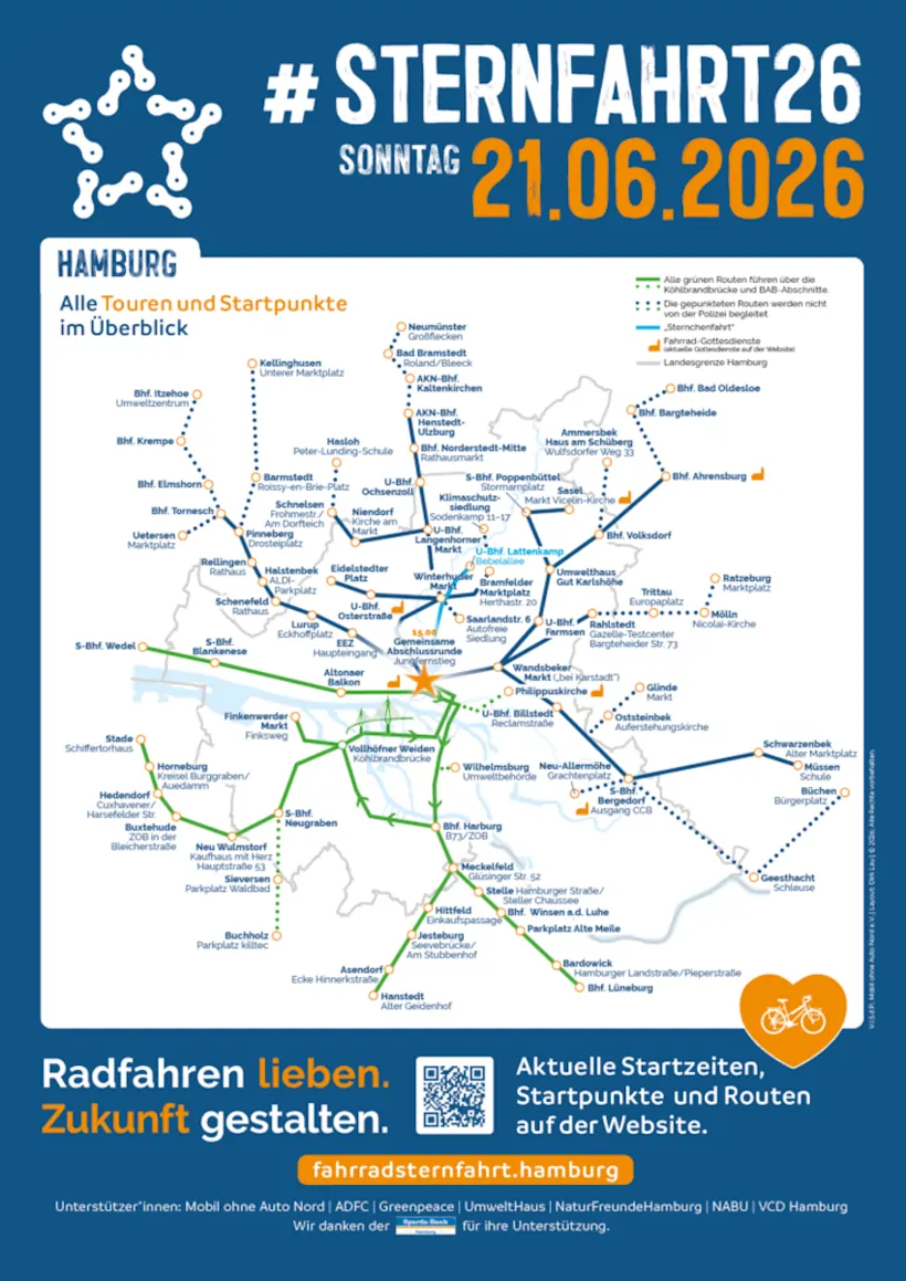 Plakat: Sternfahrt26 Sonntag 21.06.2026 mit einer Karte der vielen Fahrradrouten. Radfahren lieben. Zukunft gestalten.
