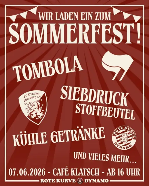 Sharepic mit rotem hintergrund: Sommerfest! Tombola, Siebdruck, Stoffbeutel, Kühle Getränle, und vieles mehr... 07.06.2026 - Cafe Klatsch - Ab 16 Uhr. Rote Kurve Dynamo