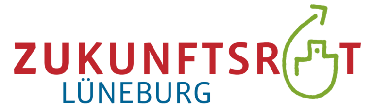 Logo des Zukunftsrat Lüneburg: in roter Schrift "Zukunftsrat", dabei ist das A in grün ein Gebäude aus dem sich ein Pfeil schwingt. Darunter in blauer Schrift "Lüneburg".