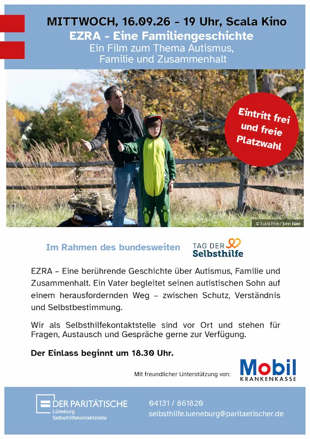 Plakat: Mittwoch, 16.09.26 - 19 Uhr Scala Kino. EZRA - Eine Familiengeschichte. Ein Film zum Thema Autismus, Familie und Zusammenhalt