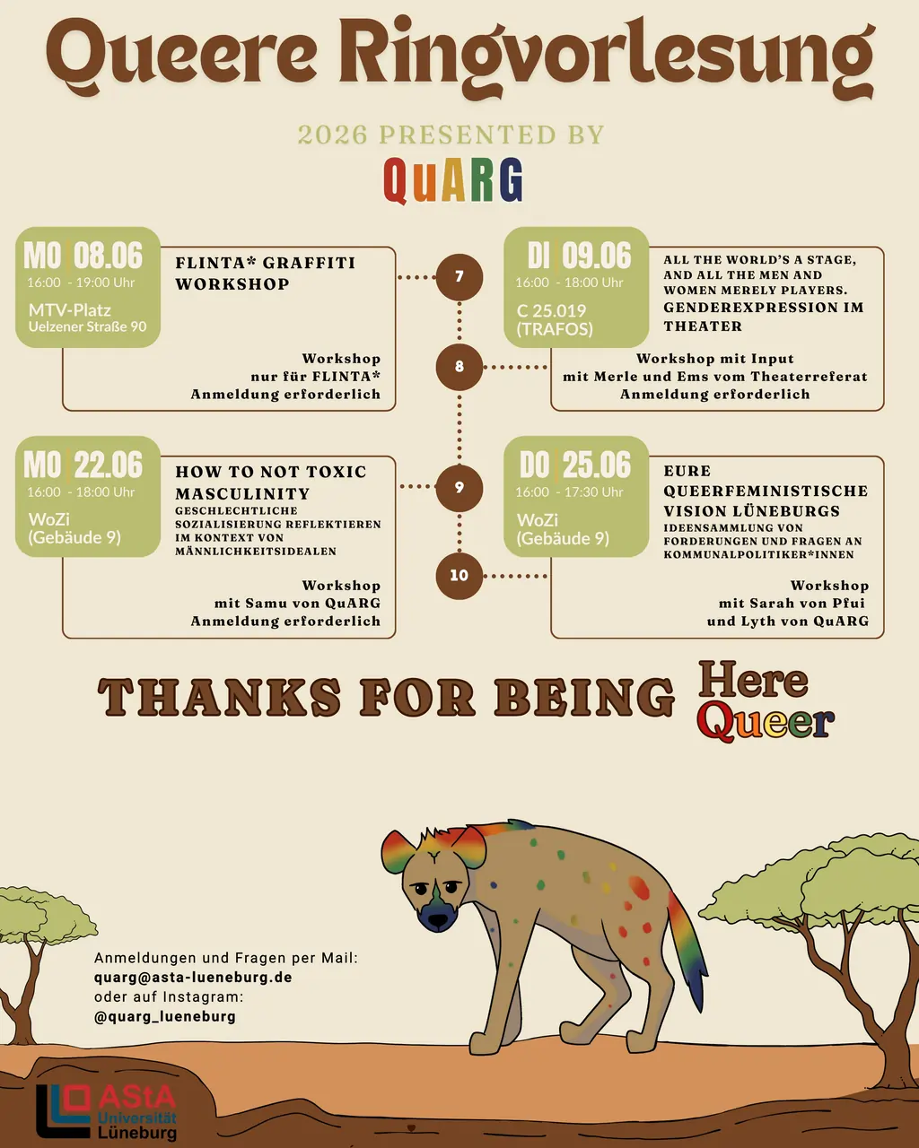 Plakat: Queere Ringvorlesung 2026 Presented by QuARG mit den hier aufgelisteten Terminen