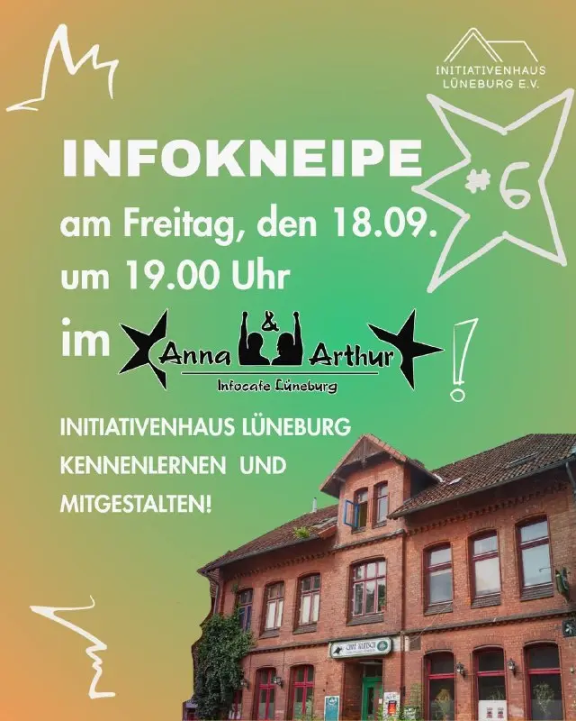 Sharepic: Infokneipe am Freitag, den 18.09. um 19 Uhr im Cafe Klatsch. Initiativenhaus Lüneburg kennenlernen und mitgestalten! Unten Rechts ist das Initiativenhaus zu sehen.