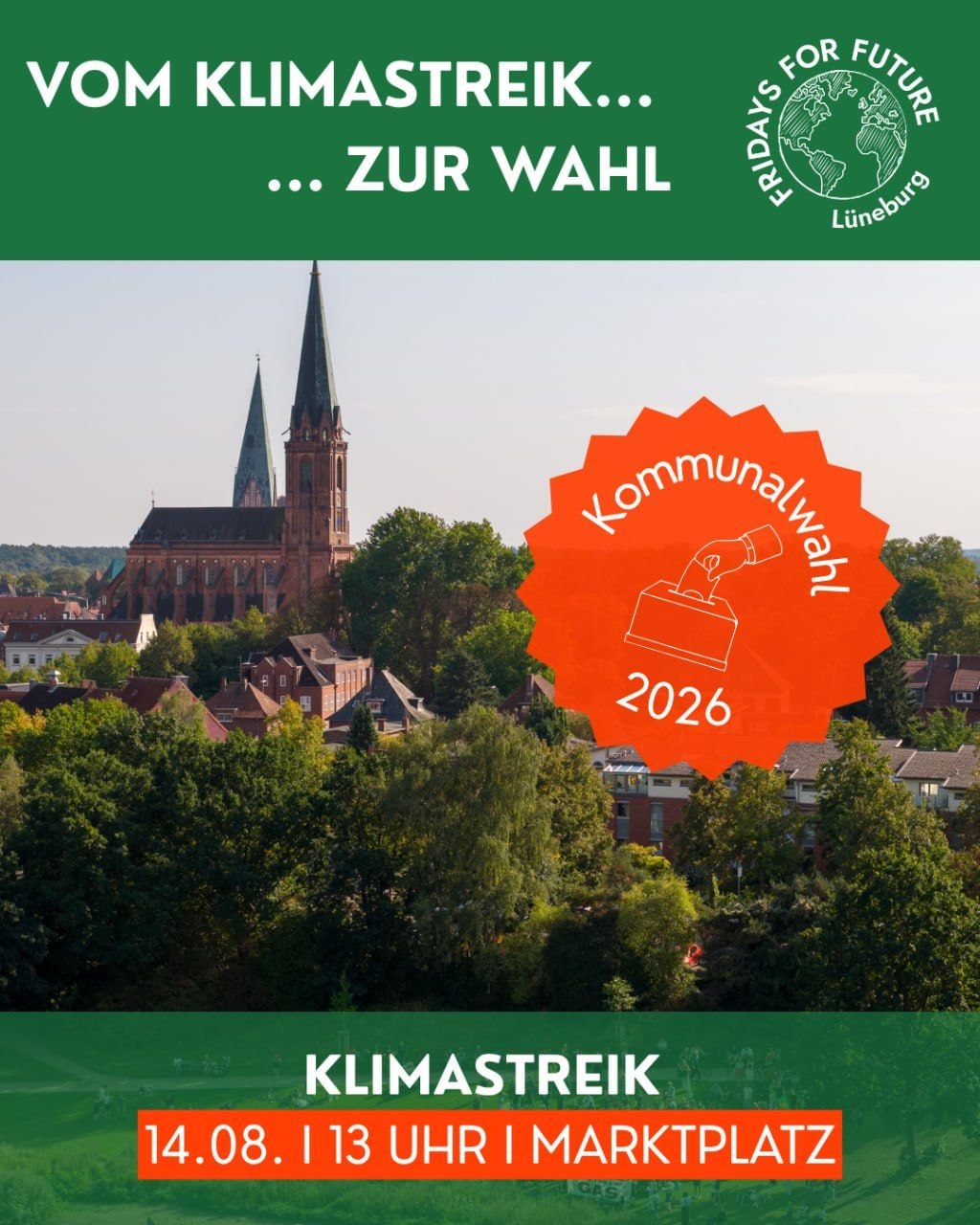 Sharepic: Klimastreik 14.08. 13 Uhr Marktplatz von Fridays for Future Lüneburg 