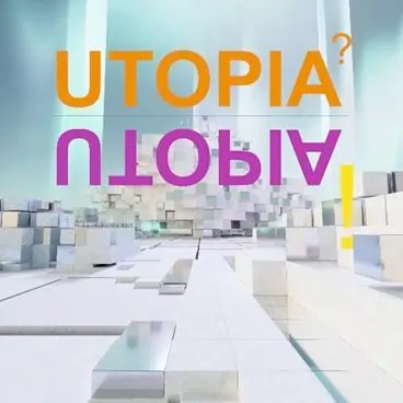 Das Wort "Utopia?" in Orange darunter gespiegelt "Utopia!" in Lila. Im Hintegrund helle futuristische Blöcke.
