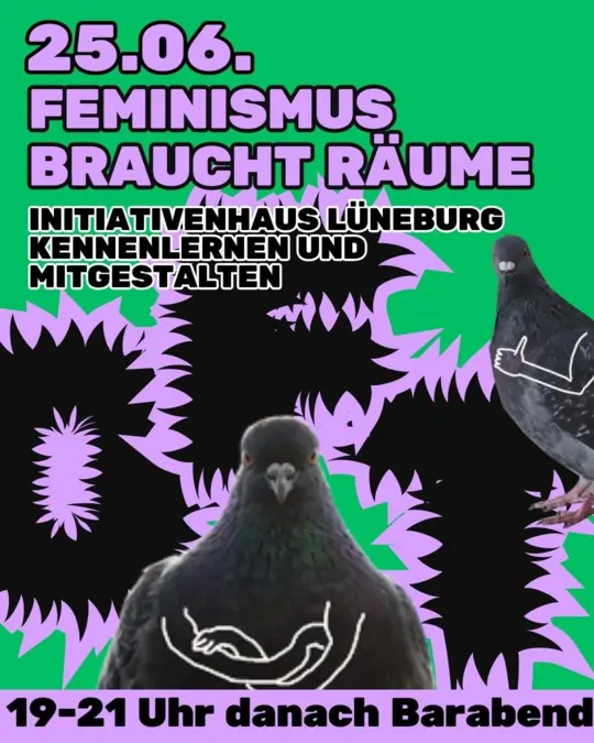 Sharepic: 25.06. Feminismus Braucht Räume. Initiativenhaus Lüneburg Kennenlernen und Mitgestalten. 19-21 Uhr danach Barabend. Grüner Hintergrund und das Logo des OFT mit Tauben.
