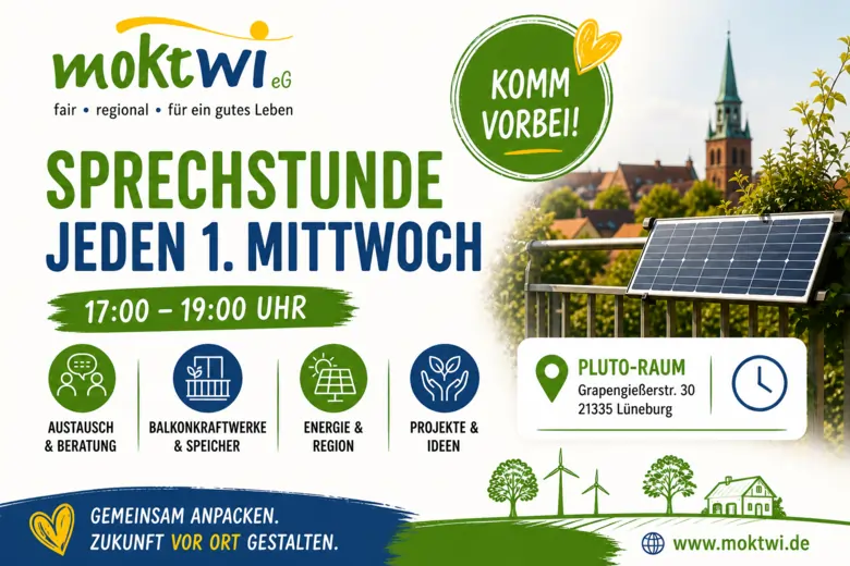 Plakat: moktwi Sprechstunde jeden 1. Mittwoch 17:00 - 19:00 Uhr. Pluto-Raum Grapengießerstraße 30, 21335 Lüneburg. Austausch & Beratung, Balkonkraftwerke & Speicher, Energie & Region, Projekte & Ideen. Gemeinsam Anpacken. Zukunft vor Ort gestalten. www.moktwi.de . Rechts ist eine Balkonsolaranlage zu sehen.