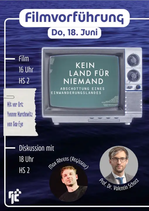 Plakat: Filmvorführung Kein Land Für Niemand. Abschottung eines Einwanderungslandes. Do, 18. Juni 16 Uhr Hörsaak 2. Mit vor Ort Yvonne Karchewitz von Sea-Eye. Diskussion mit Max Ahrens (Regisseur) und Prof. Dr. Valentin Scharz. Beide Köpfe sind abgebildet. Im Hintergrund Wasser und im Vordergrund ein alter Fernseher auf dem der Film läuft.